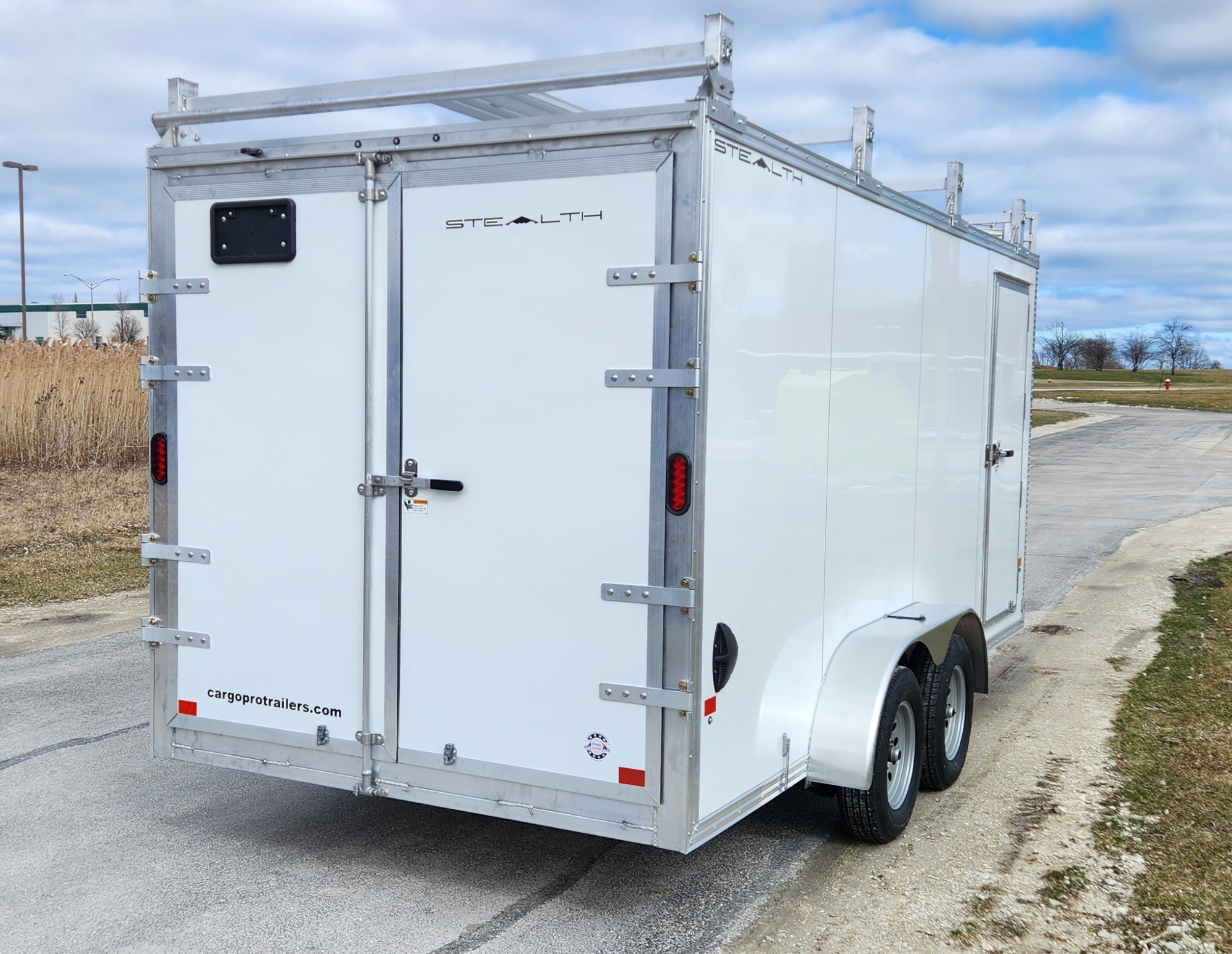 CargoPro Stealth 7 X 16 Aluminum Frame Tandem Axle Contractor Cargo Trailer Double Rear Doors, 79 inch Interior Height- White